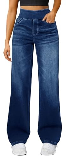 Jean Large Femme Taille Haute Elastique Pull on Pantalon en Denim avec Poches Stretch Slim Jambe Droite Décontractés Baggy Mode pour Le Yoga Fitness Sports Jogging