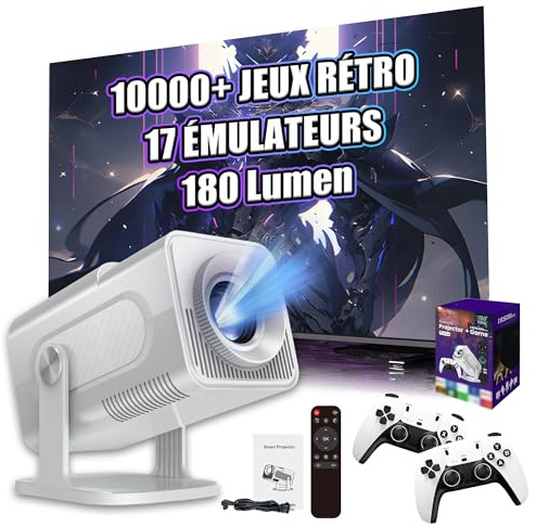 HCS350 Max Projecteur Portable sans Fil avec WiFi & Bluetooth, Console avec 10000+ Jeux 17 Émulateur, 720P, Projetor de Films Android 11, avec Fonction De Focus à Distance & Télécommande Vocale
