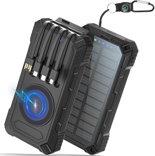 56800mAh Power Bank Solare, 30W PD 3.0 A USB C Powerbank Ricarica Rapida con 4 Cavi, 6 Uscita & 4 Ingresso, 15W Ricarica Wireless, Spie luminose a LED, Torcia, Caricatore Portatile con Smartphones