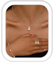KRFY Joyas de Mujer Conjunto Collar y Pendientes Oro Plata Bisuteria Acero Inoxidable Mujer Pulseras Colgante Collar Pendientes Perla Pulseras para Bisuteria Joyas - Plata Perla
