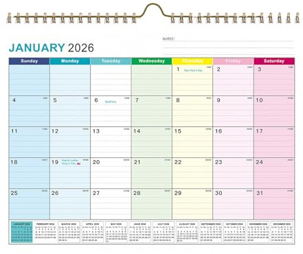 Uonguon Calendario de pared 2026, papel grueso con notas de vacaciones, calendario de 18 meses de enero de 2026 a 2027, para planificación de horarios académicos, Navidad, Año Nuevo, hogar, oficina