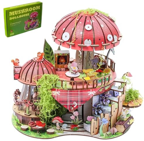 Garden Mushroom Dollhouse Book Nook Kit, DIY Miniature Wooden 3D Puzzle Dollhouse, Fantasy Bookshelf Decor Craft Building Set, Home Shelf Decoration for Adults & Teens, with String Lights Edition