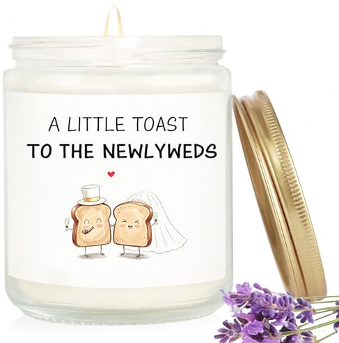 Posoto Wedding Gifts 3.5 oz Lavender Soy Wax Candle | Unique Wedding Presents for Bride and Groom, Hilarious Congratulations Surprise, Toast Graphic Theme Gift