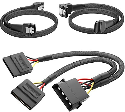 KabelDirekt – 30cm 4-pin Molex to 2 x 15-pin SATA power cable + 60cm 7-pin SATA-3 data cable 6 Gbit/s 90° angled + 60cm 7-pin straight