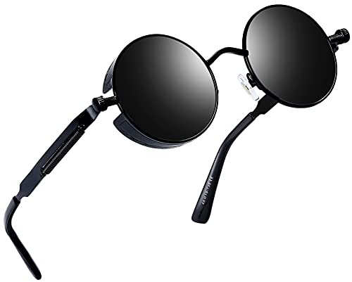Joopin Steampunk Lunettes de Soleil Ronde Homme Polarisées Rétro Style Basique pour Voyage UV400 Punk Noir