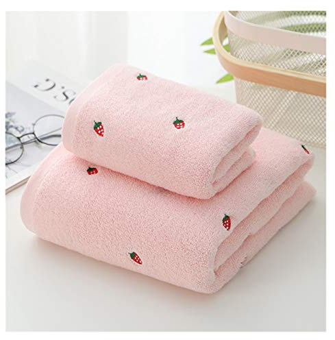 MANGGUO Cute Strawberry Embroidered Designer Towel Set - 100% Cotton, Ladies' Pink Towel (2pcs Set: 34x74cm + 70x140cm)