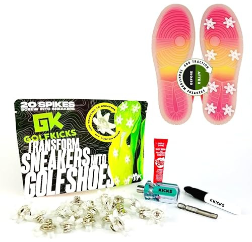 Golfkicks DIY Golf Shoe Spike Kit – Transform Your Sneakers into Golf Shoes – Fun Gift, Easy Project – Cleats Compatible with Flat Rubber Sole Shoes – Includes 20 Spikes and mounting Tools