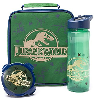 Jurassic World Kids Lunch Bag Set | Adventure with Cool T-Rex Dinosaur Logo | Insulated Food Bag, Bottle & Snack Pot | School Merchandise in Green & Gold | Carry The Dino Adventure | Keeps Food Fresh