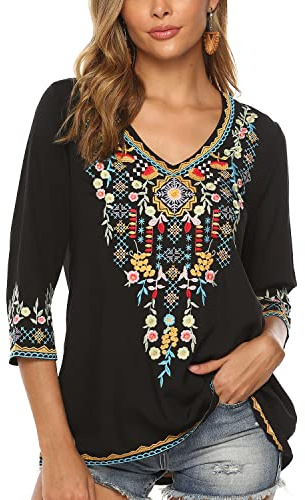 Vakakado Ropa Hippie para Mujer Blusa Bordada de Folclore Bohemio Túnica de Manga 3/4 con Cuello en V Top Informal de Verano