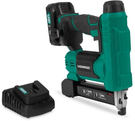 VONROC Grapadora/Clavadora Inalámbrica 20V VPower - Incluye Batería y Cargador, para Tapicería, Carpintería y Bricolaje