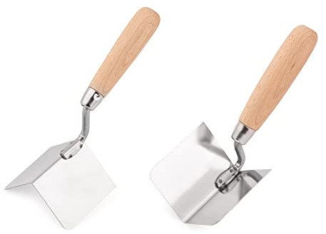 Mivos 2 paletas de Esquina inoxidables 80 x 60 mm – Paleta de Esquina Interior y Exterior de Acero Inoxidable – Paleta de Borde Interior y Exterior con Mango de Madera – Espátula de Esquina
