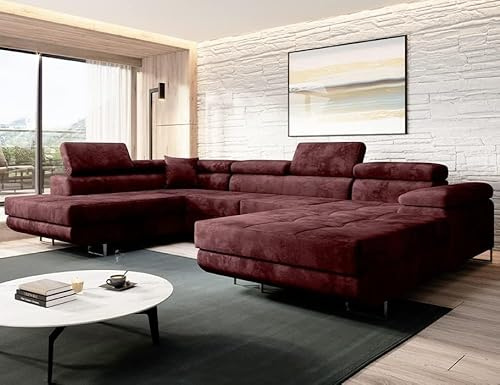 VARBERG Sofa with Sleep Function and Bed Box - Living Landscape U-Shape - Comfortable Sofa Bed - Big Sofa - Modern Couch 72 x 345 x 205 cm - Left Red Wine - Moderno