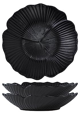 Jusalpha Set of 3-Japanese Style Flower Petal Shaped Porcelain Dinner Plates, Versatile Circular Serving Plates for Breakfast, Salad, Steak Dinner, PL019 (10 Inches, Black)