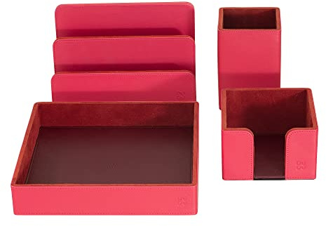 DUDU Set da Scrivania in Pelle per Ufficio 4 pz con Svuotatasche Porta Penne Porta Lettere Porta Block Notes Lampone