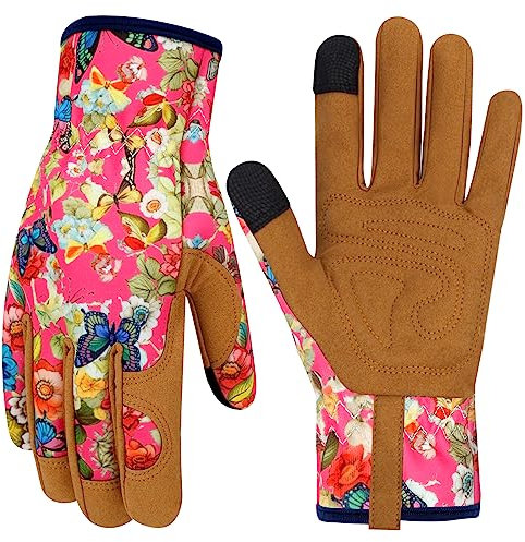 MERTURN Guantes de jardinería de cuero para mujer, guantes de jardín resistentes a las espinas, regalo del día de la madre, diseño de pantalla táctil, guantes de trabajo para plantación, excavación