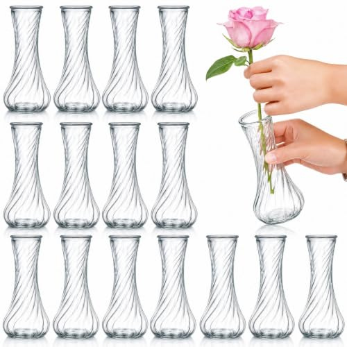 Noamus 16-pack knoppvas i glas, genomskinliga små blomvaser i bulk, gängade glasvaser för bordsuppsatser, mini vintage vas blommig flaska för rustik bröllop hem bordsdekor, blomsterarrangemang