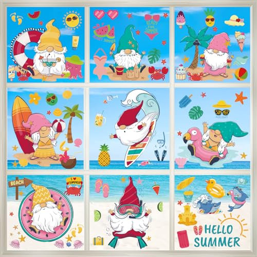 JUNEBRUSHS Fensterbilder Sommer, 9 Blätter Sommer Fenstersticker Wiederverwendbare Fensterdeko Strand-Fensteraufkleber Doppelseitige Fensterbilder für Kinderzimmer