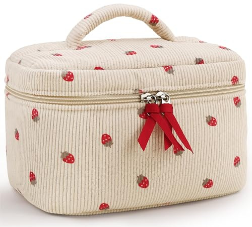 Prite Niedliche Cord Kosmetiktasche Aesthetic Floral Kulturtasche Reise Kulturbeutel oder Make Up Tasche für Damen und Mädchen (Erdbeere)