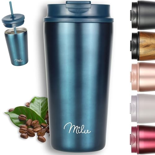 Milu Thermobecher 500ml - 100% Auslaufsicher - Edelstahl Kaffeebecher to go isoliert mit Strohhalm hält 10h heiß / 20h kalt, BPA-frei (Grün, 500ml)