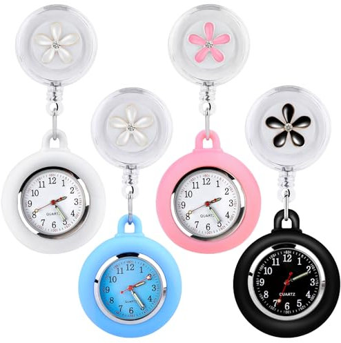 BORDEAG 4 Stück Krankenschwester Uhr – Einziehbare Schwesternuhr, Ansteckuhr mit Glow Pointer, Taschenuhren für Damen, Ideal für Krankenschwestern und Pflegepersonal (A)