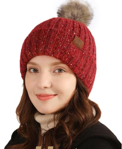 Evolyline Bommelmütze Damen Beanie Winter Strickmütze Gefüttert Fleece Wollmütze Wintermütze Pudelmütze Haube Winterhut Pom Pom Frauen Weich & Warm