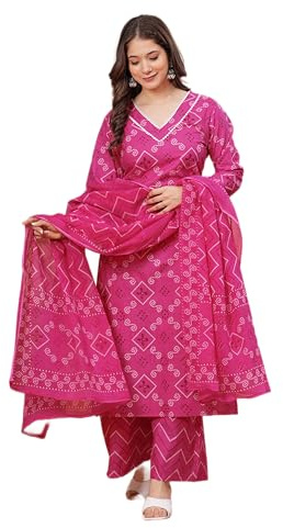 MEERA FAB Plus Size Bandhani Printed Pure Cotton Kurta With Palazzo & Dupatta, PINK, 4XL