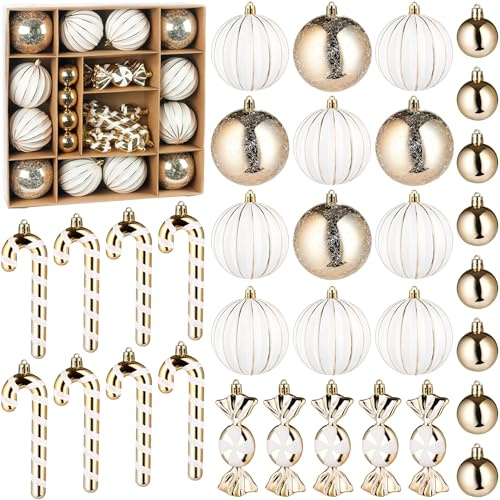 BRUBAKER 33-TLG. Weihnachtskugel Set - Christbaumschmuck mit Kugeln, Zuckerstangen und Bonbons - Moderner Baumschmuck - Baumkugel Weihnachtsbaumschmuck - Anhänger für Weihnachtsbaum - Gold Weiß