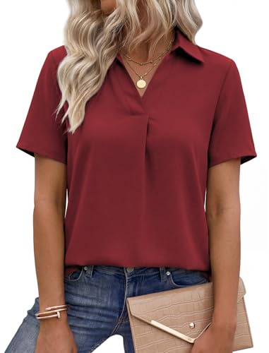 PASUDA Blouse Femme Manches Courtes Été Chemisier Femme Chic et Élégant Haut Col V en Mousseline Couleur Chemise Décontractés Haut Tops Ample T-Shirts Couleur Unie Blouse(Bourgogne,XL)