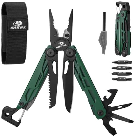 Mossy Oak Multifunktionszange, 27-in-1 Multitool Werkzeug, Faltbares Edelstahl Multifunktionswerkzeug, Multifunktionale Zange mit 4 Bits, Messer, für Wandern, Camping, Reparieren mit Tragtasche, Grün
