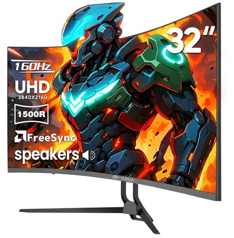 CRUA 32 Curved Gaming Monitor, 4k UHD(3840 * 2160P) VA Screen, 1500R, 144Hz/160Hz Computer Moniter, Supports AMD Freesync, 120% sRGB, Built-in Speakers, Wall Mountable Installs(HDMI 2.1/DP 1.4)-Black