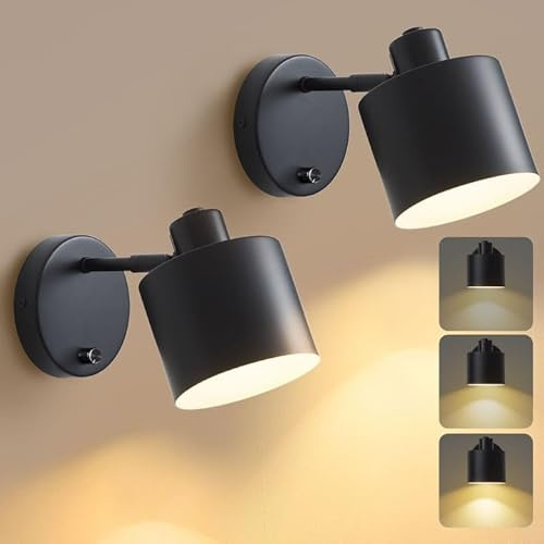 Glowlit Wandleuchte Innen Wandlampe mit Schalter Dimmbarem Wandlampe Innen mit 350° Drehbar E27 Wandleuchte Industrial Wandstrahler Innen für Wohnzimmer Schlafzimmer Flur Schwarz ﻿