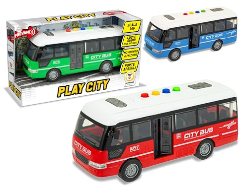 Teorema Leksaksbuss för barn, stege 1:16, med ljus och ljud, öppna dörrar och kopplingsrörelse, batterier ingår