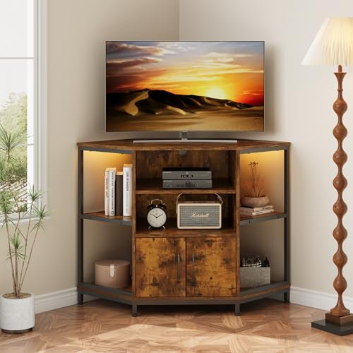 Dripex Mueble esquinero con iluminación LED, mueble de esquina para TV, para salón, diseño industrial, 105 x 50 x 79 cm, color marrón vintage