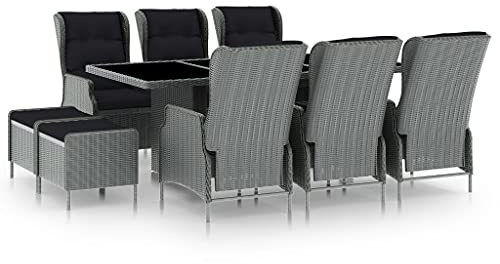 9-TLG. Gruppo da giardino rotondo in rattan sintetico, grigio chiaro, con poltrone regolabili e cuscini per terrazza, balcone, esterno, design moderno