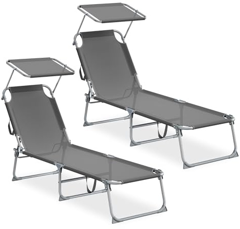 SONGMICS Tumbonas Plegables, 189 x 53 x 28,5 cm, Juego de 2 Tumbonas para Jardín, Cada Una con Carga 110 kg, con Parasol y Respaldo Ajustables, para Terraza y Balcón, Gris GCB294GZ02