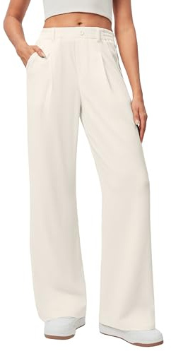 Ewedoos Wide Leg Trousers for Women Stretch Ladies Work Palazzo Trousers with Pockets High Elasticated Waist Yoga Pants Business Casual White