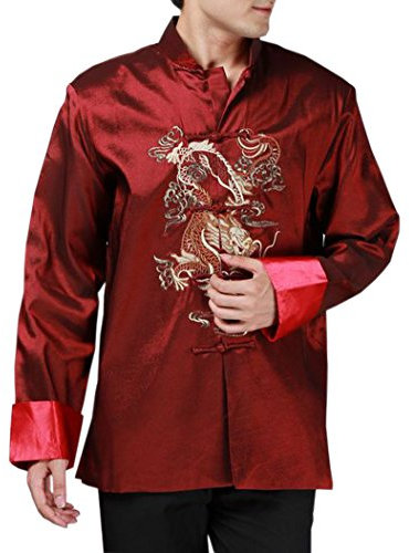 XueXian(TM) Vêtement Chinois Traditionnel Veste de Tang Blouse Chemise Manche Longue Motif Dragon pour Homme (FR XL/Chinois XXL, Rouge Vineux)