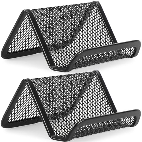 MaxGear Mesh Business Card Holder for Desk, Black Metal Stand with 50 Cards, 2 Pack Sturdy Display for Office