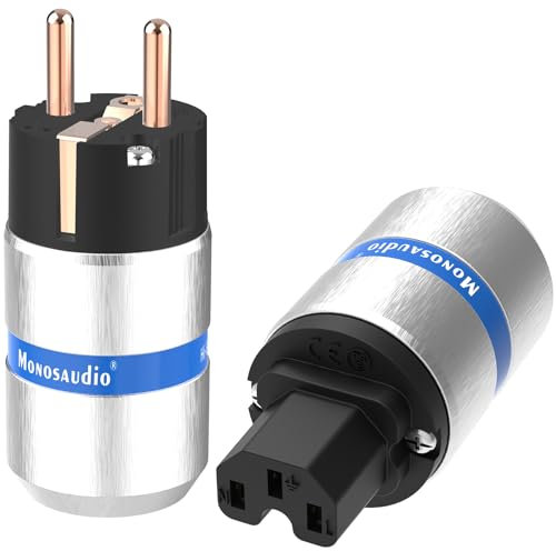 Monosaudio Paar HiFi Schukostecker+IEC C15 Anschluss High End Kaltgeräte-Stecker 16A 250V Audiophiler Netzstecker Kupplung (Reines Kupfer, Aluminium-Schale, E106/F106)