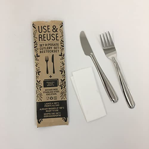 Pintinox, Set da 100 confezioni forchetta e coltello Use&Reuse con tovagliolo, acciaio inox nichel free, alternativa alla plastica monouso