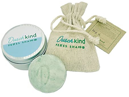 Duschkind Shampooing solide 4 en 1 à l'aloe vera - Pour cheveux normaux à légèrement gras et cuir chevelu sensible - Avec boîte de voyage et tranche de luffa - Sans sulfate, végétalien, sans plastique