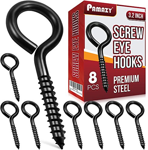 8PCS Screw Eyes, 3.2 Inch Black Eye Hooks Screw Self Tapping Eye, Heavy Duty Eye Bolt for Wood Securing Cables Wire, Hammock Stand, Indoor & Outdoor Use
