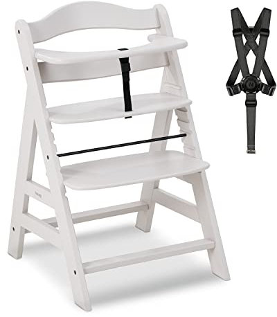 hauck Alpha+, Creme - Mitwachsender Holzhochstuhl aus Buche für Kinder ab 6 Monaten bis 90 kg - Inklusive 5 Punkt Gurt, Schrittgurt, Schutzbügel - Kompatibel mit viel Zubehör