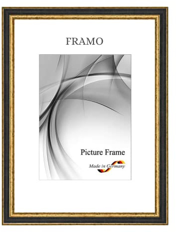 FRAMO N°107 - Cornice portafoto barocca, 25 x 33 cm, in legno massello | nero oro | retro vintage antico telaio in legno con vetro sintetico infrangibile e antiriflesso e ganci in metallo
