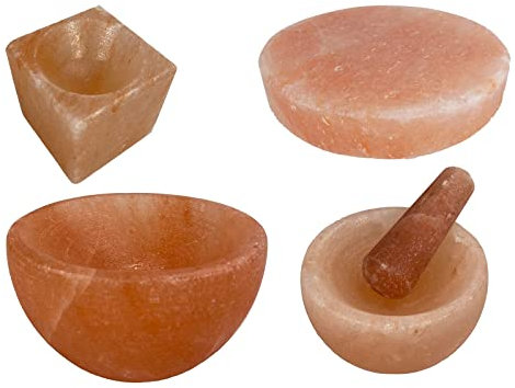 SudoreWell® Juego de sal con cuenco para ensalada, salero, mortero de sal y mortero + piedra de sal redonda 20 x 20 x 4 cm de sal de roca rosa fabricada en Salt Range Pakistán