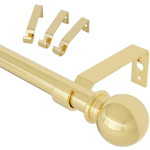 Gardinenstange Gold 80-300 cm Lang, Messing Mit Halterung, 16mm Durchmesser Wandmontage Mit Kugelendstück, Spleißen Verstellbare