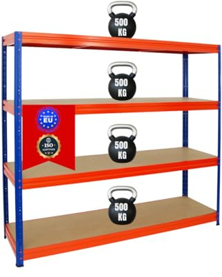 PROREGAL Étagère Charge Lourde Dino | HxLxP 180x200x60cm | 500kg par Niveau | Bleu & Orange | Étagère Robuste de Garage, Atelier, Cave, sous-Sol, Stockage, Rangement, Rayonnage