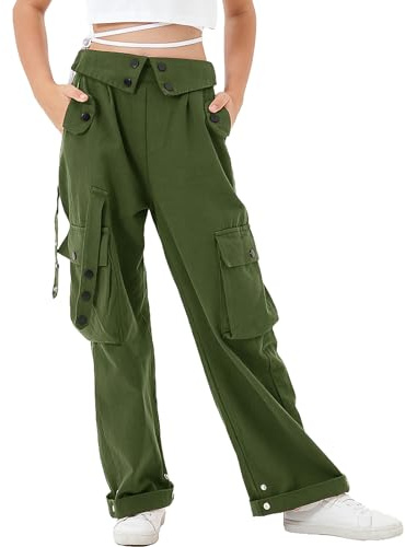 Rolanko Ragazze Pantaloni Cargo, Vita Alta Elastica con Tasche Multiple e Pantaloni a Gamba Larga per Bambini, Verde, Taglia:140
