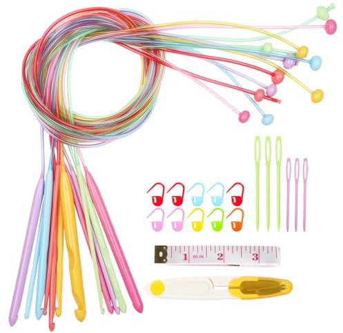 Aeeque Tunesische Häkelnadel mit Seil,12pcs Bambus Tunesische Häkeln Set für Anfänger, 3,0-10 mm Afghan Tunesische Häkelnadeln Kunststoff Kabel für Schals Teppich, Häkelnadel für Tunesisch Häkeln