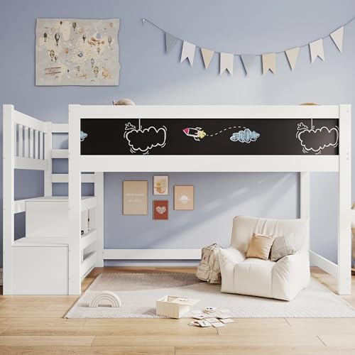 Idemon Cama alta para niños con pizarra blanca y pizarra, almacenamiento y protección anticaídas, 90 x 200 cm, color blanco